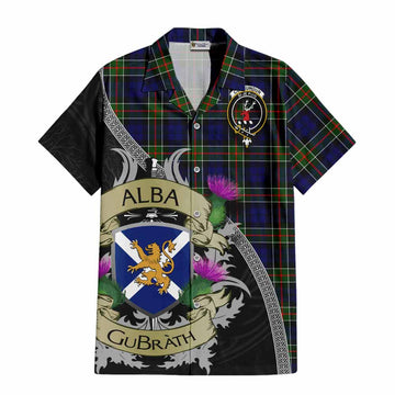 Tartan Vibes Clothing Colquhoun Tartan Family Crest Short Sleeve Button Shirt Lion Rampant Royal Thistle Shield Celtic Inspired