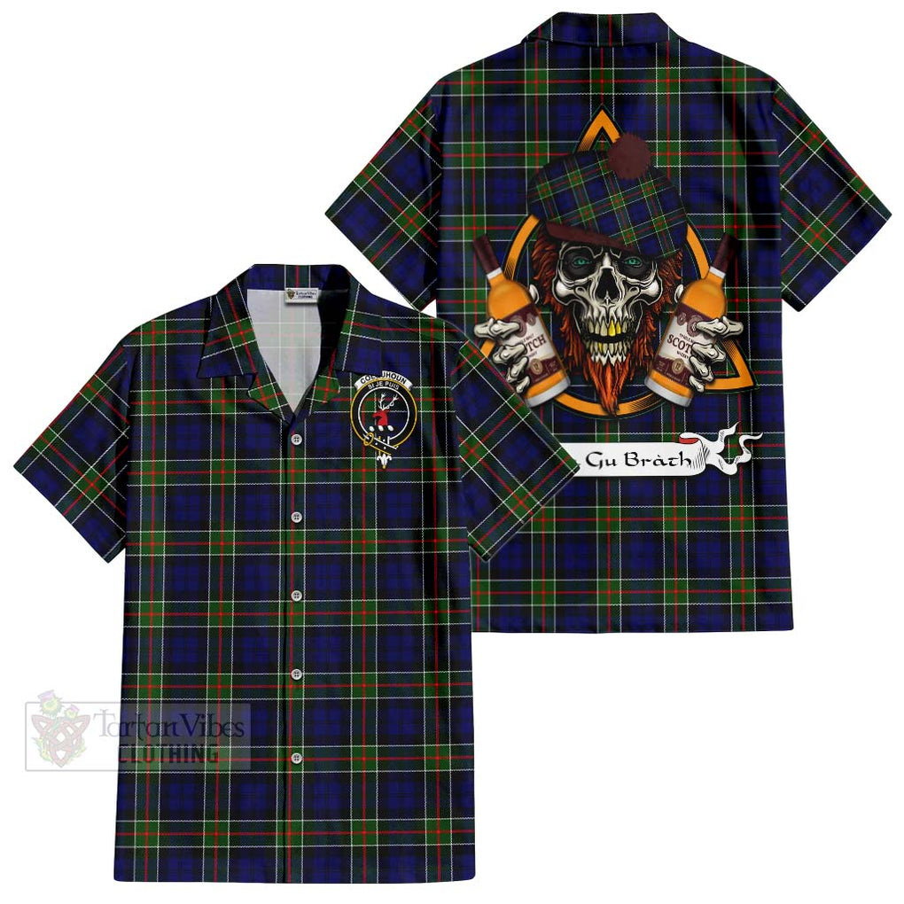 Tartan Vibes Clothing Colquhoun Tartan Short Sleeve Button Shirt with Family Crest and Bearded Skull Holding Bottles of Whiskey