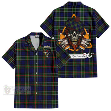 Tartan Vibes Clothing Colquhoun Tartan Short Sleeve Button Shirt with Family Crest and Bearded Skull Holding Bottles of Whiskey