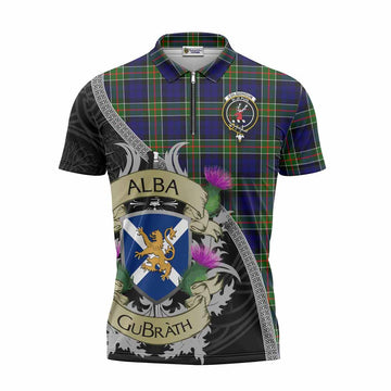 Tartan Vibes Clothing Colquhoun Tartan Family Crest Zipper Polo Shirt Lion Rampant Royal Thistle Shield Celtic Inspired