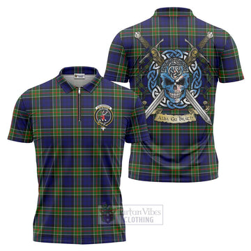 Colquhoun Tartan Zipper Polo Shirt with Family Crest Celtic Skull Style