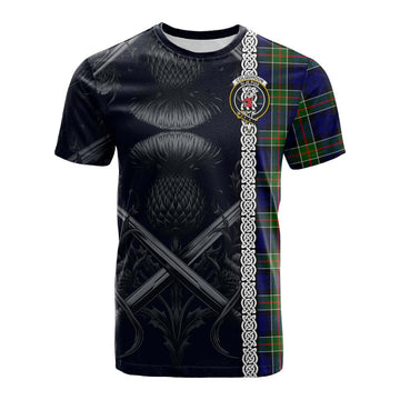 Tartan Vibes Clothing Colquhoun Tartan Cotton T-shirt with Family Crest Cross Sword Thistle Celtic Vibes