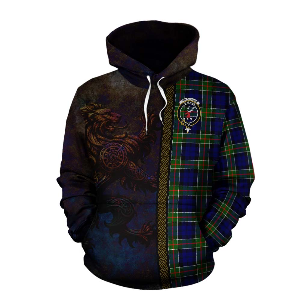 Tartan Vibes Clothing Colquhoun Tartan Family Crest Cotton Hoodie Alba Gu Brath Be Brave Lion Ancient Style