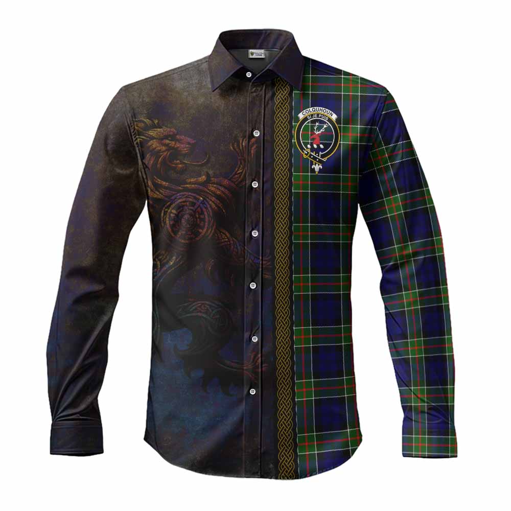 Tartan Vibes Clothing Colquhoun Tartan Family Crest Long Sleeve Button Shirt Alba Gu Brath Be Brave Lion Ancient Style