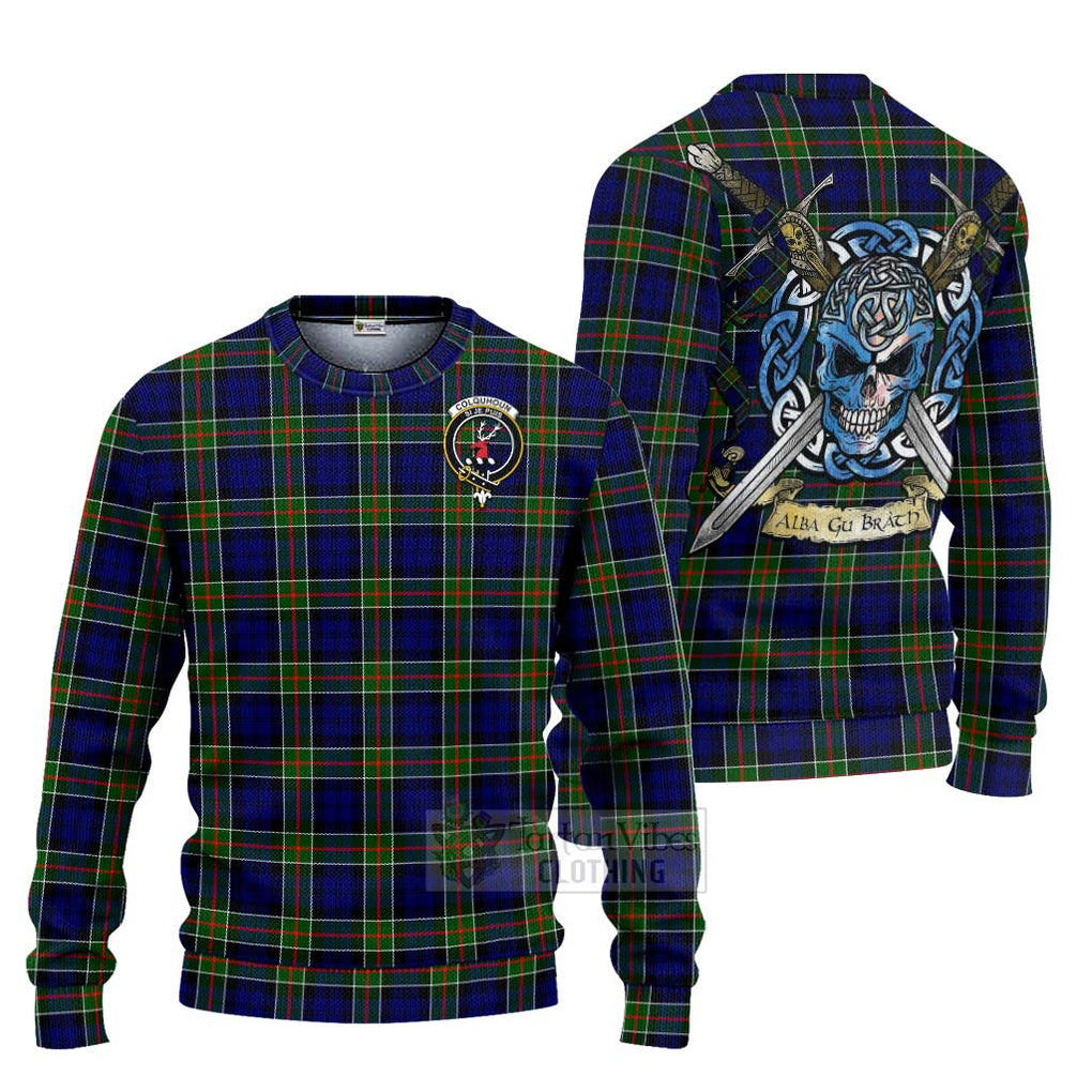 Tartan Vibes Clothing Colquhoun Tartan Knitted Sweater with Family Crest Celtic Skull Style