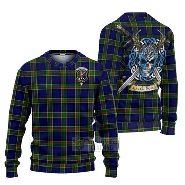 Tartan Vibes Clothing Colquhoun Tartan Knitted Sweater with Family Crest Celtic Skull Style