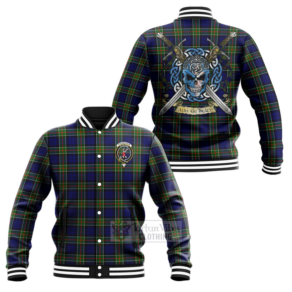 Tartan Vibes Clothing Colquhoun Tartan Baseball Jacket with Family Crest Celtic Skull Style