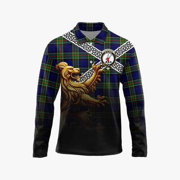Colquhoun Crest Tartan Long Sleeve Polo Shirt with Golden Lion Emblem Celtic Style