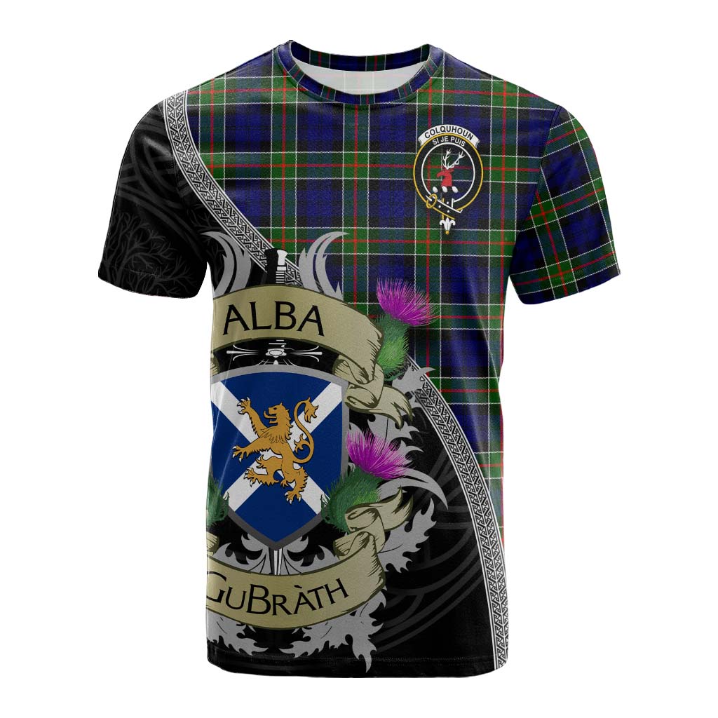 Tartan Vibes Clothing Colquhoun Tartan Family Crest Cotton T-shirt Lion Rampant Royal Thistle Shield Celtic Inspired