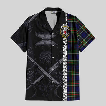 Tartan Vibes Clothing Colquhoun Tartan Short Sleeve Button Shirt with Family Crest Cross Sword Thistle Celtic Vibes