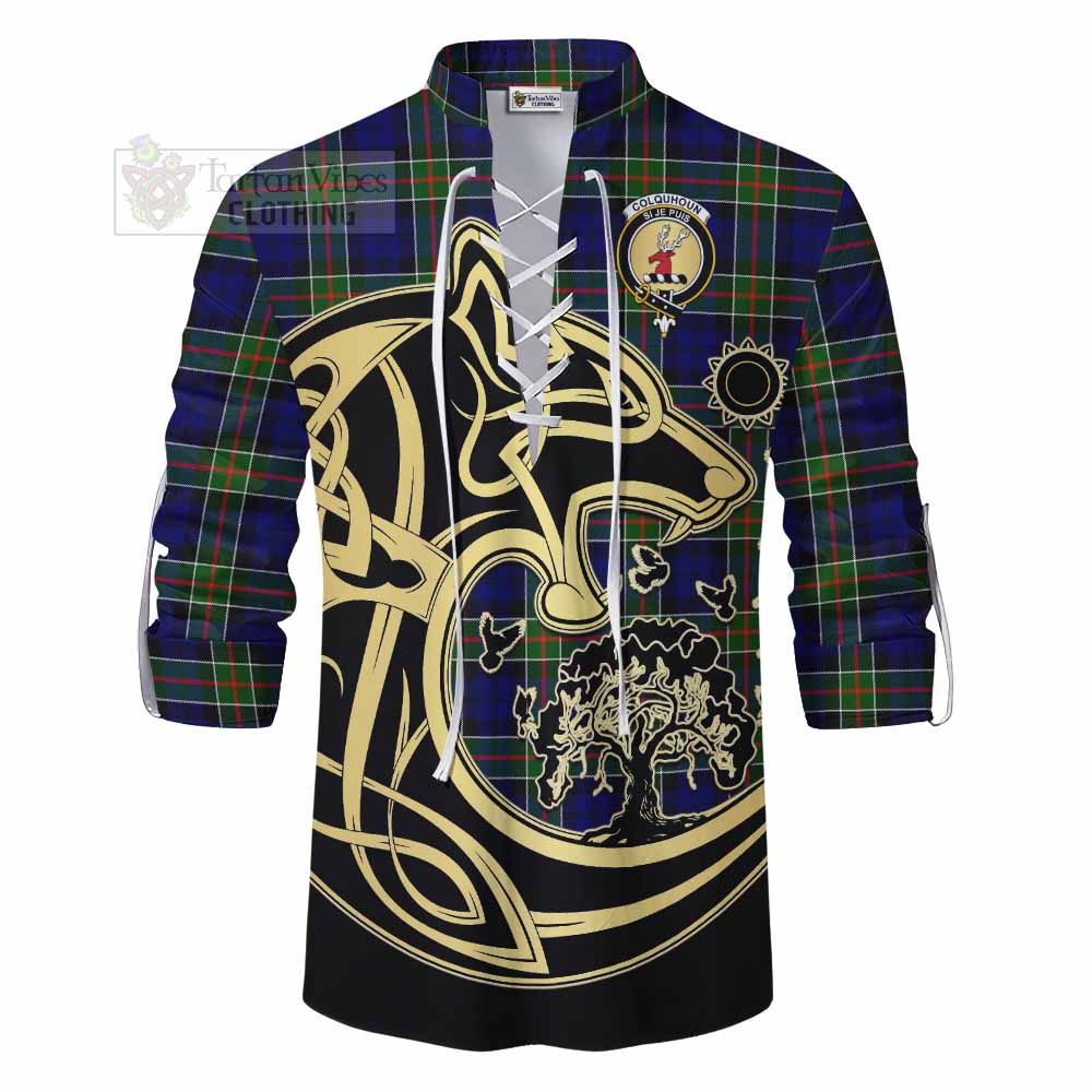 Tartan Vibes Clothing Colquhoun Tartan Ghillie Kilt Shirt with Family Crest Celtic Wolf Style
