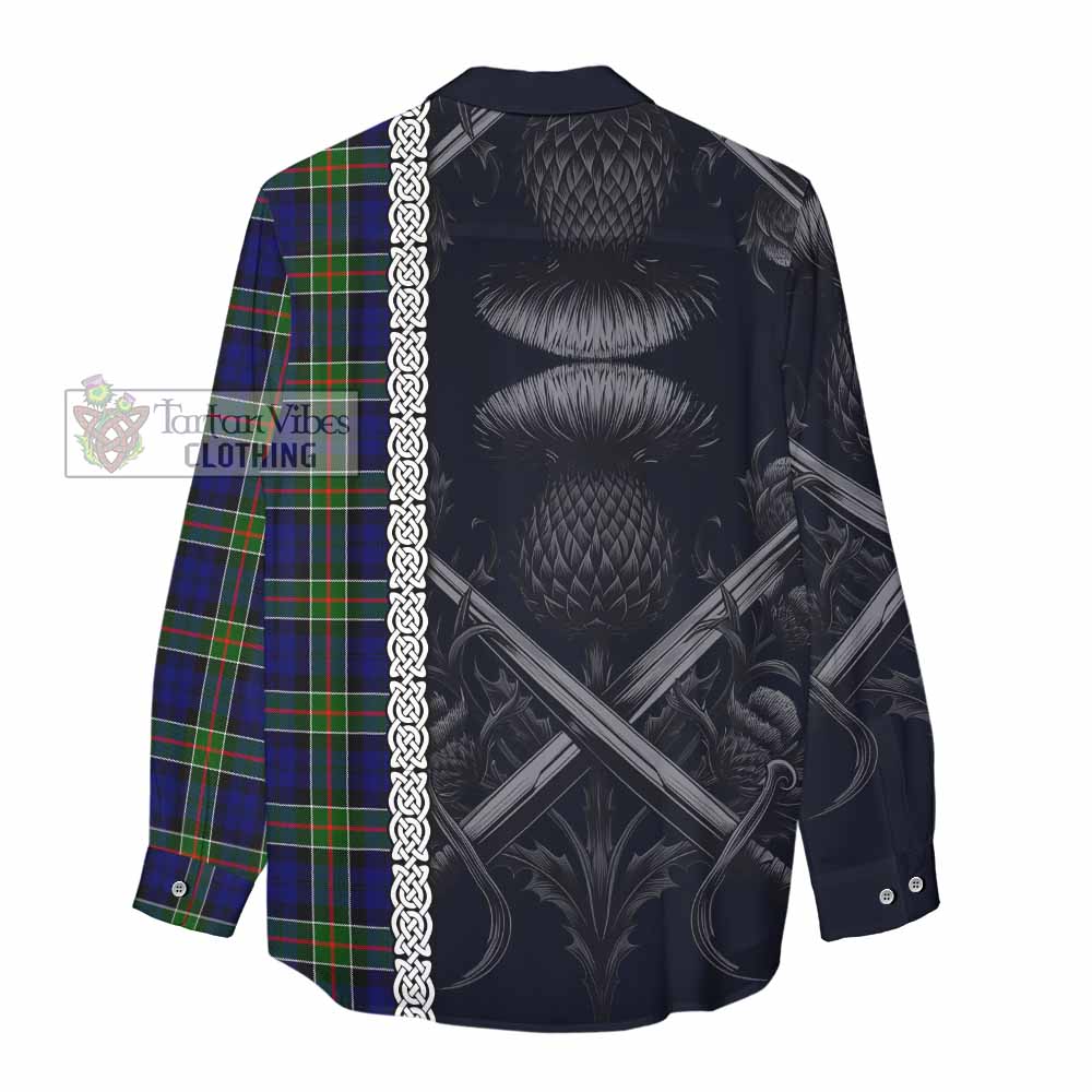 Tartan Vibes Clothing Colquhoun Tartan Women's Casual Shirt with Family Crest Cross Sword Thistle Celtic Vibes