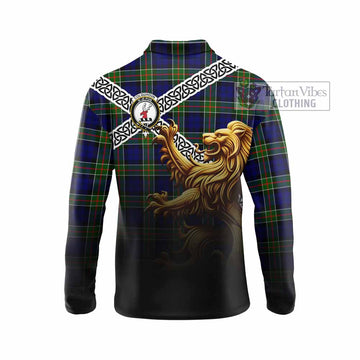 Colquhoun Crest Tartan Long Sleeve Polo Shirt with Golden Lion Emblem Celtic Style