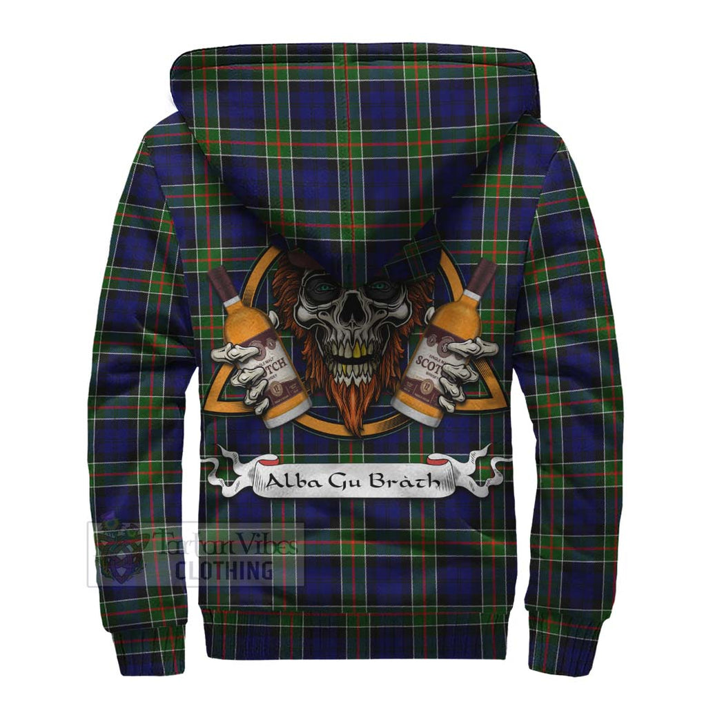 Tartan Vibes Clothing Colquhoun Tartan Sherpa Hoodie with Family Crest and Bearded Skull Holding Bottles of Whiskey