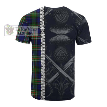 Tartan Vibes Clothing Colquhoun Tartan Cotton T-shirt with Family Crest Cross Sword Thistle Celtic Vibes