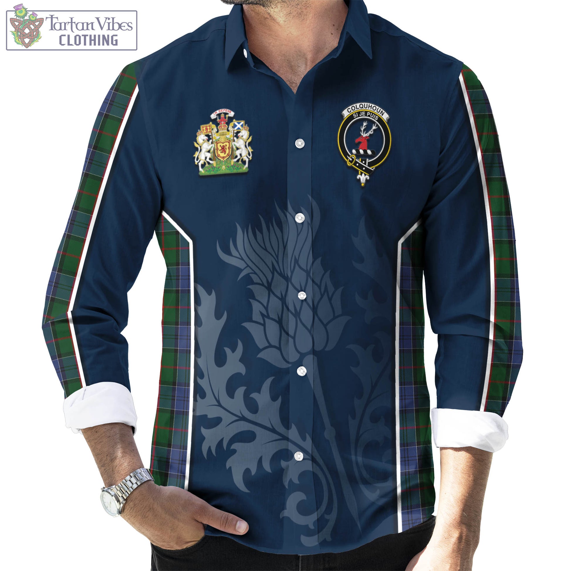 Tartan Vibes Clothing Colquhoun Tartan Long Sleeve Button Up Shirt with Family Crest and Scottish Thistle Vibes Sport Style