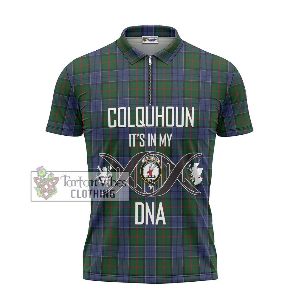 Colquhoun Tartan Zipper Polo Shirt with Family Crest DNA In Me Style - Tartanvibesclothing Shop