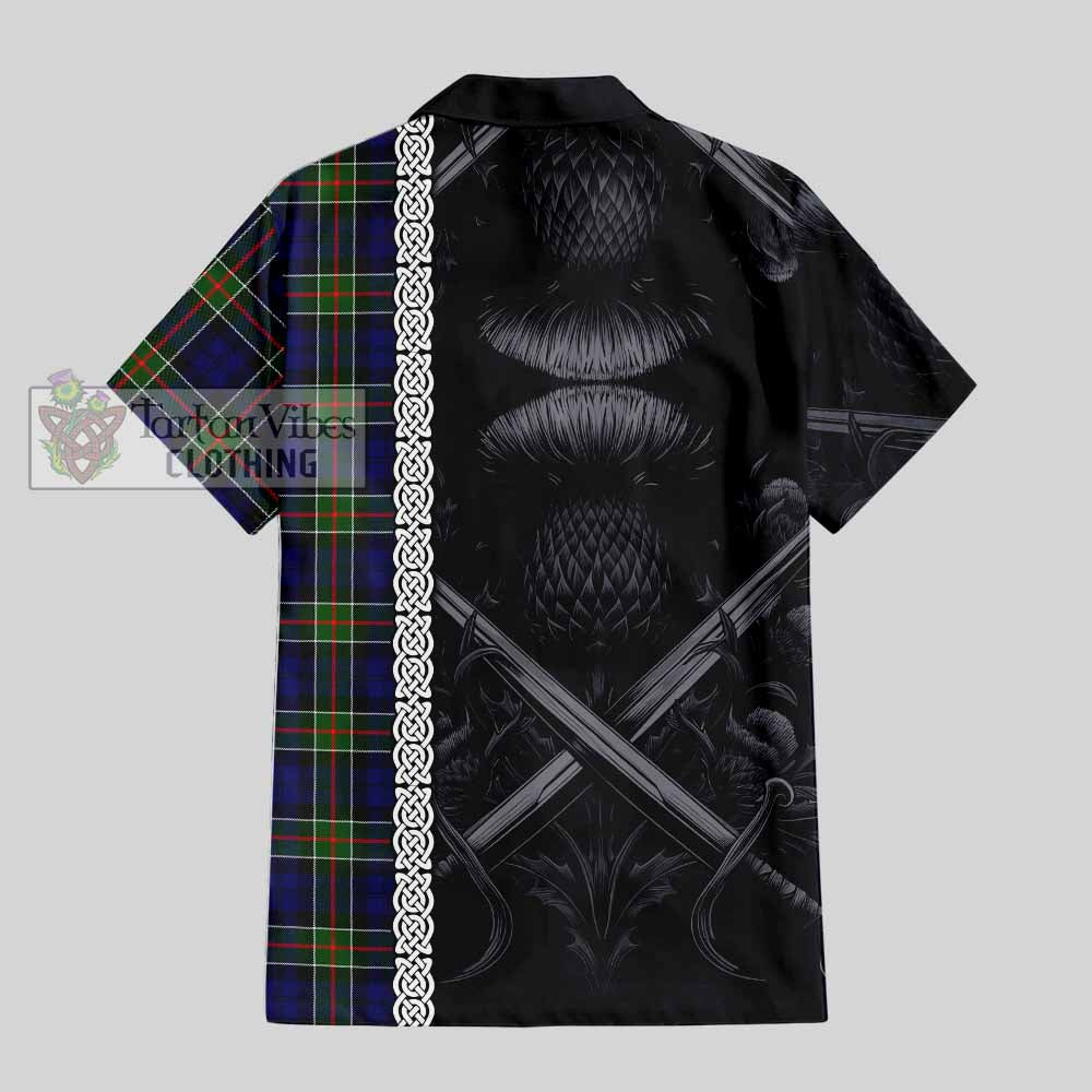 Tartan Vibes Clothing Colquhoun Tartan Short Sleeve Button Shirt with Family Crest Cross Sword Thistle Celtic Vibes