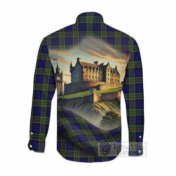 Tartan Vibes Clothing Colquhoun Tartan Family Crest Long Sleeve Button Shirt with Scottish Ancient Castle Style