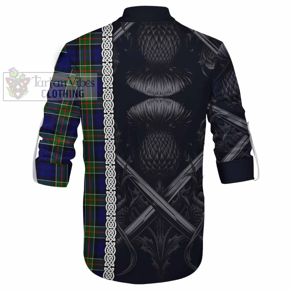 Tartan Vibes Clothing Colquhoun Tartan Ghillie Kilt Shirt with Family Crest Cross Sword Thistle Celtic Vibes