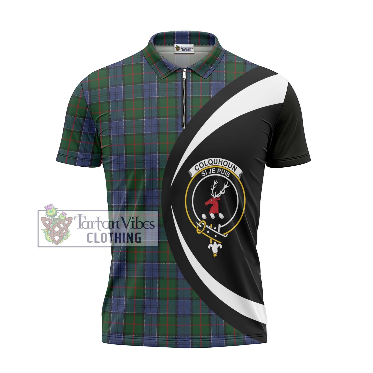 Tartan Vibes Clothing Colquhoun Tartan Zipper Polo Shirt with Family Crest Circle Style
