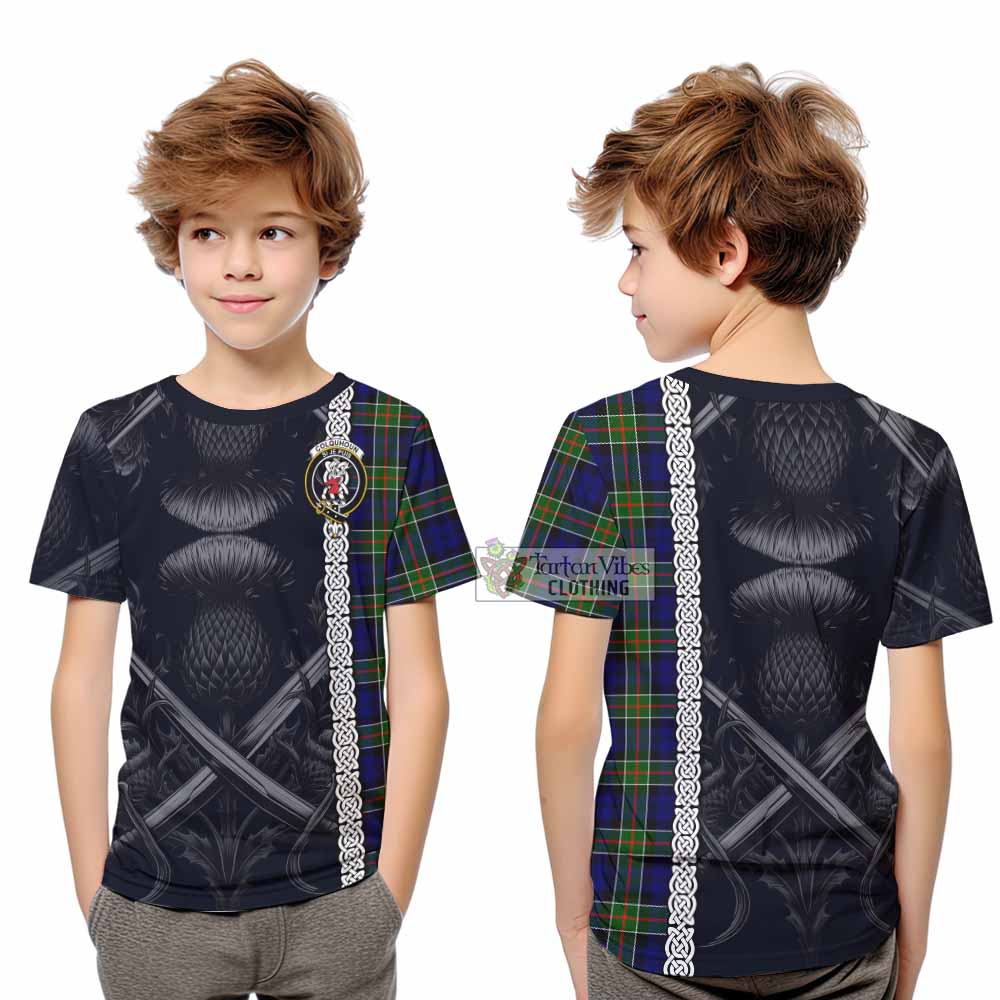 Tartan Vibes Clothing Colquhoun Tartan Kid T-Shirt with Family Crest Cross Sword Thistle Celtic Vibes