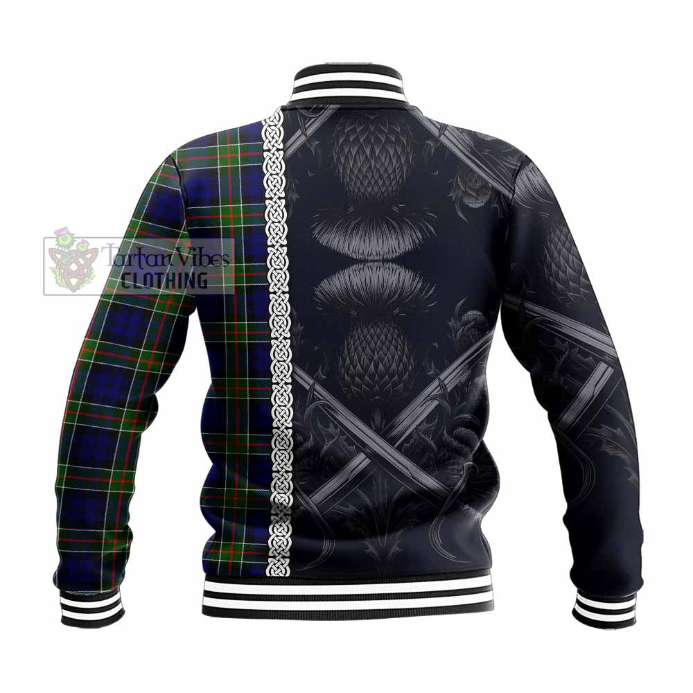 Colquhoun Tartan Baseball Jacket with Family Crest Cross Sword Thistle Celtic Vibes - Tartan Vibes Clothing