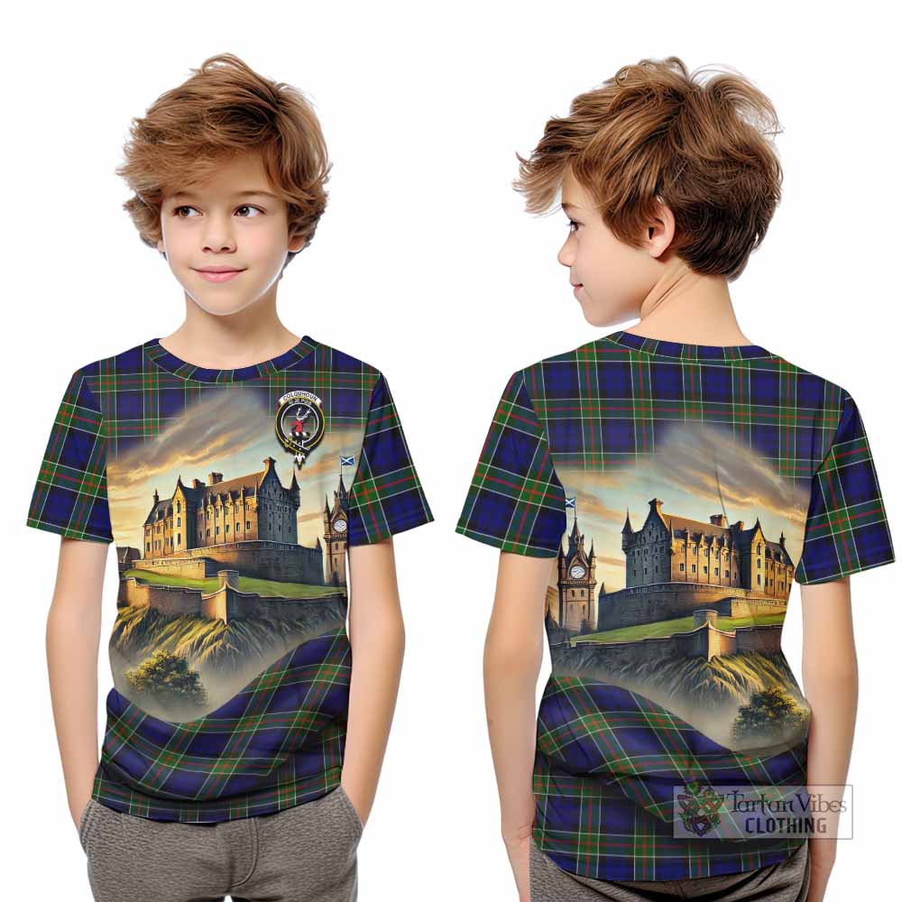 Tartan Vibes Clothing Colquhoun Tartan Family Crest Kid T-Shirt with Scottish Ancient Castle Style