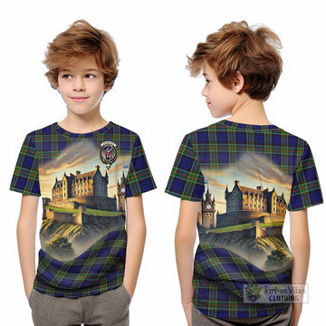 Colquhoun Tartan Family Crest Kid T-Shirt with Scottish Ancient Castle Style