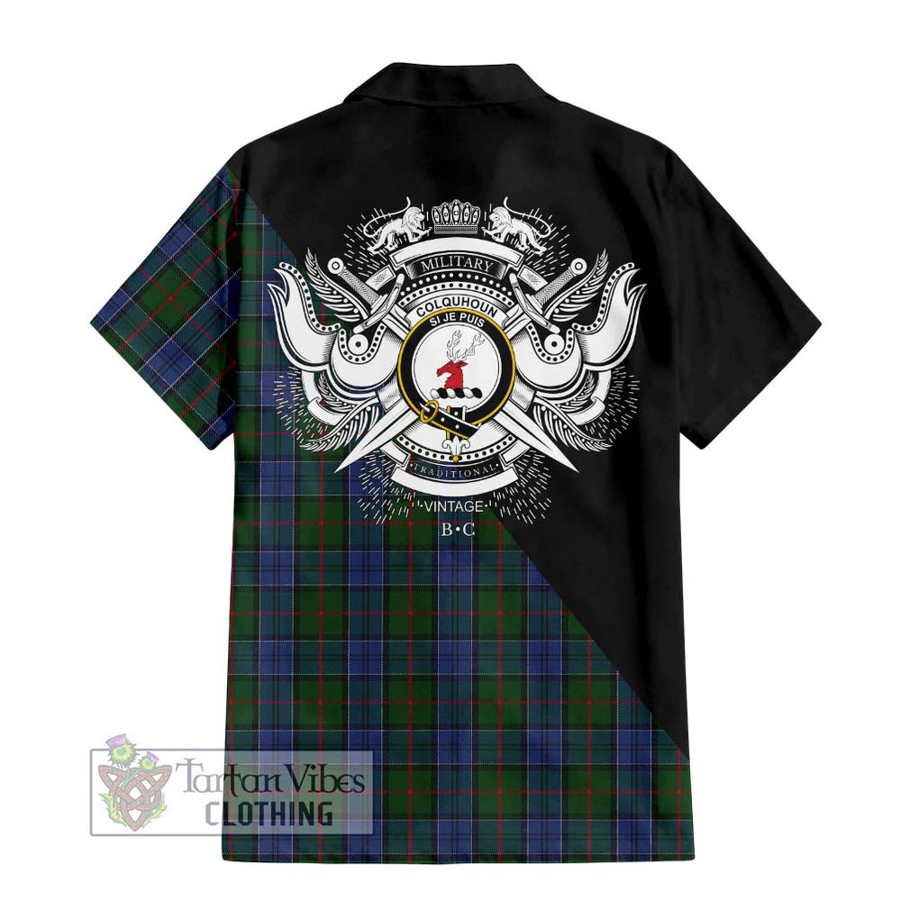 Colquhoun Tartan Short Sleeve Button Shirt with Family Crest and Military Logo Style - Tartanvibesclothing Shop