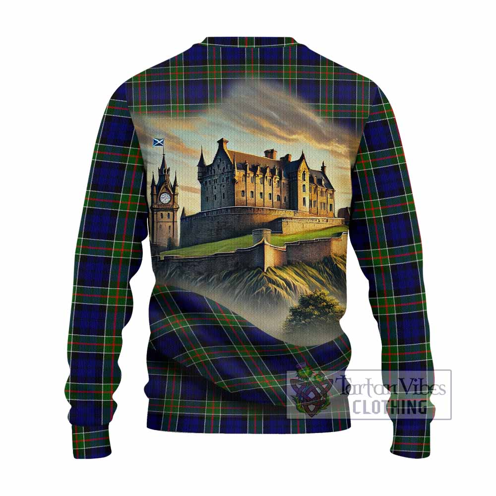 Tartan Vibes Clothing Colquhoun Tartan Family Crest Knitted Sweater with Scottish Ancient Castle Style