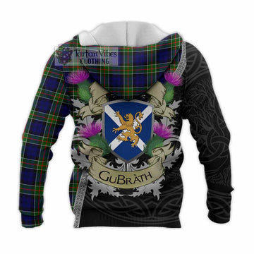 Tartan Vibes Clothing Colquhoun Tartan Family Crest Knitted Hoodie Lion Rampant Royal Thistle Shield Celtic Inspired