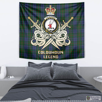 Colquhoun Tartan Tapestry with Clan Crest and the Golden Sword of Courageous Legacy