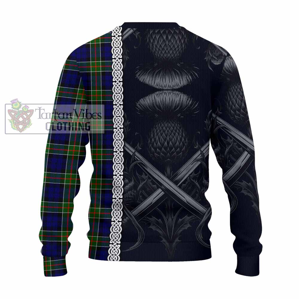 Tartan Vibes Clothing Colquhoun Tartan Knitted Sweater with Family Crest Cross Sword Thistle Celtic Vibes