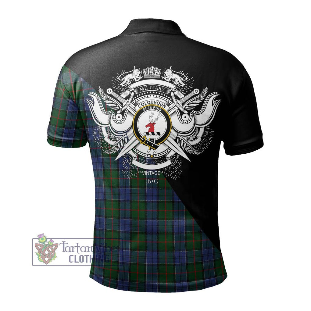 Colquhoun Tartan Polo Shirt with Family Crest and Military Logo Style - Tartanvibesclothing Shop