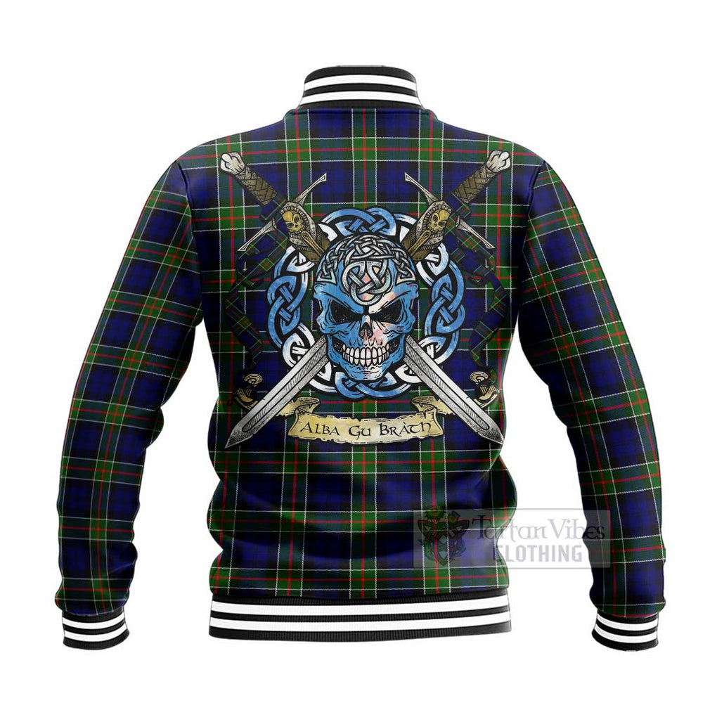 Tartan Vibes Clothing Colquhoun Tartan Baseball Jacket with Family Crest Celtic Skull Style