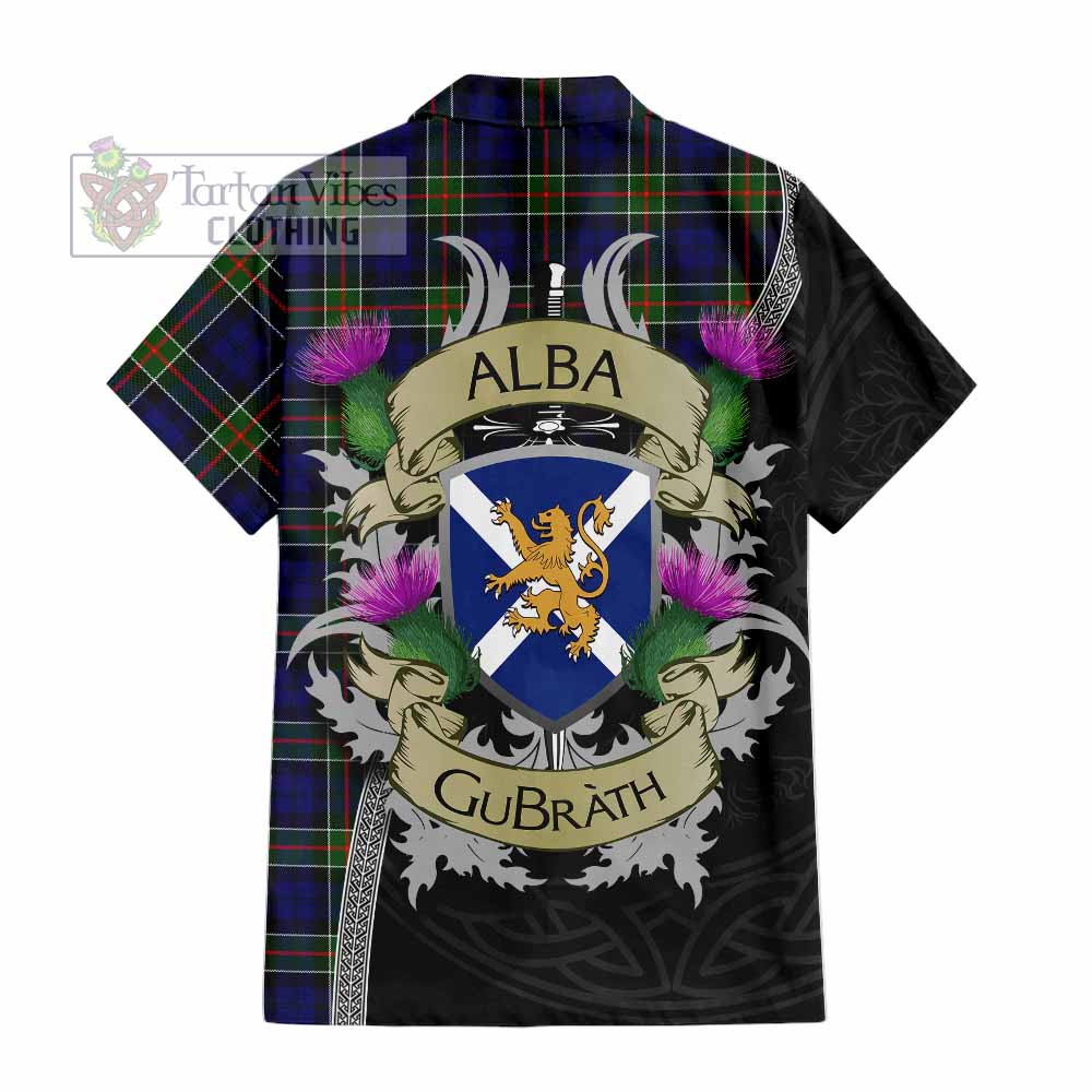 Tartan Vibes Clothing Colquhoun Tartan Family Crest Short Sleeve Button Shirt Lion Rampant Royal Thistle Shield Celtic Inspired