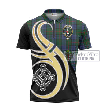 Tartan Vibes Clothing Colquhoun Tartan Zipper Polo Shirt with Family Crest and Celtic Symbol Style