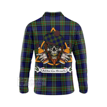 Tartan Vibes Clothing Colquhoun Tartan Long Sleeve Polo Shirt with Family Crest and Bearded Skull Holding Bottles of Whiskey