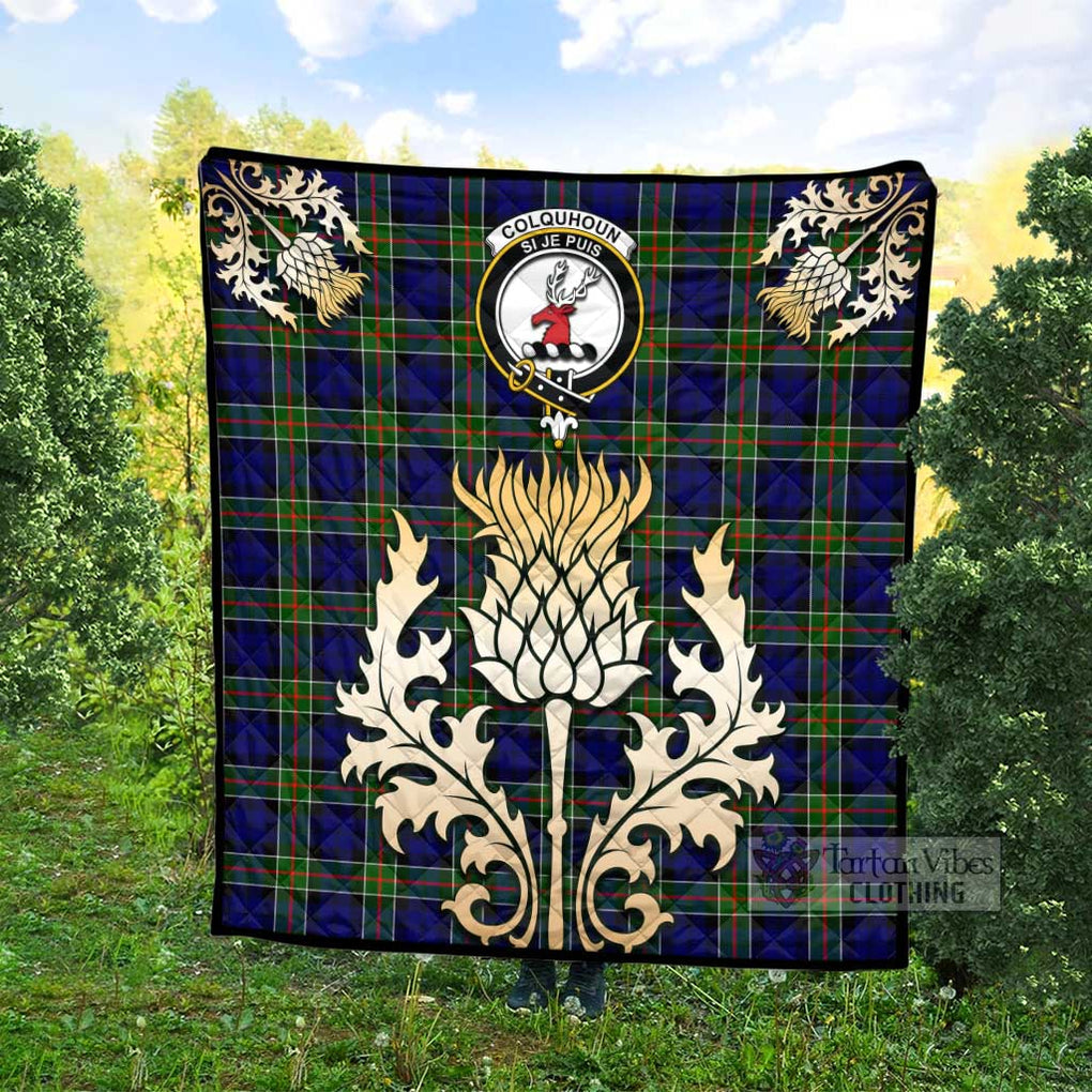 Colquhoun Tartan Quilt with Family Crest and Golden Thistle Style - Tartan Vibes Clothing