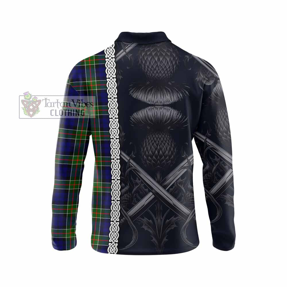 Tartan Vibes Clothing Colquhoun Tartan Long Sleeve Polo Shirt with Family Crest Cross Sword Thistle Celtic Vibes