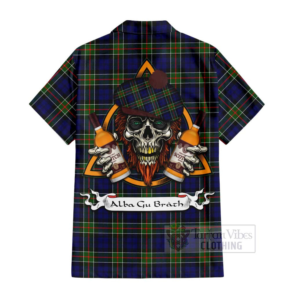 Tartan Vibes Clothing Colquhoun Tartan Short Sleeve Button Shirt with Family Crest and Bearded Skull Holding Bottles of Whiskey