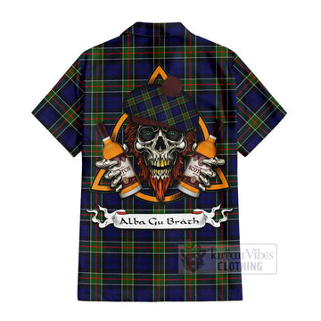 Tartan Vibes Clothing Colquhoun Tartan Short Sleeve Button Shirt with Family Crest and Bearded Skull Holding Bottles of Whiskey