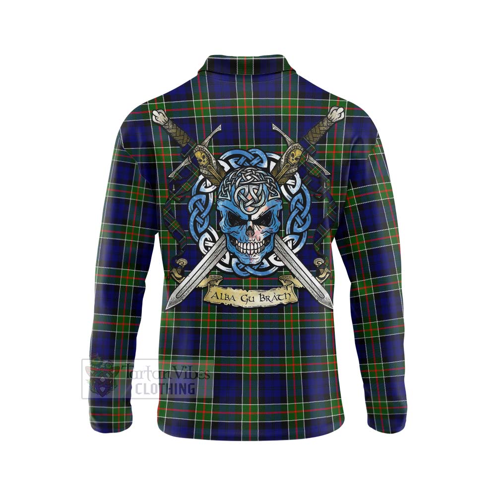 Tartan Vibes Clothing Colquhoun Tartan Long Sleeve Polo Shirt with Family Crest Celtic Skull Style