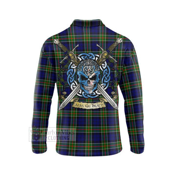 Tartan Vibes Clothing Colquhoun Tartan Long Sleeve Polo Shirt with Family Crest Celtic Skull Style