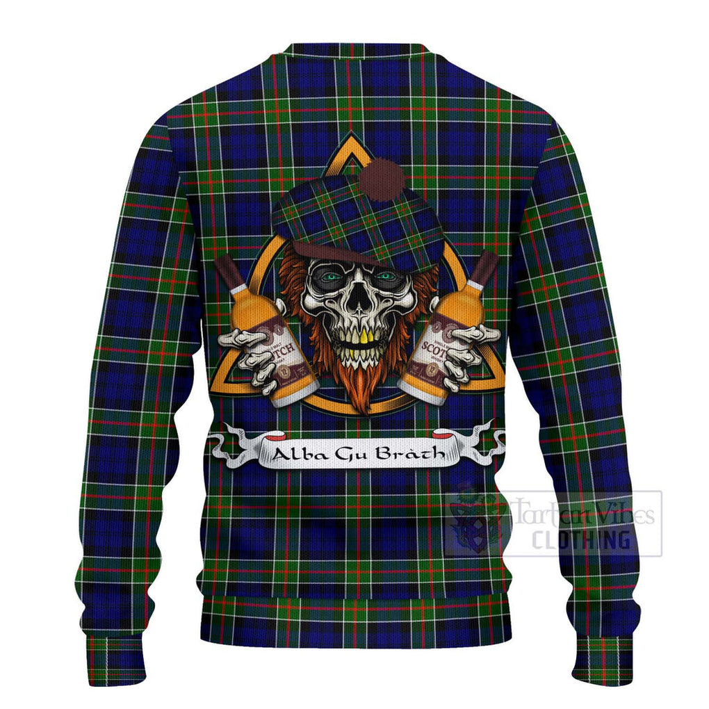 Tartan Vibes Clothing Colquhoun Tartan Knitted Sweater with Family Crest and Bearded Skull Holding Bottles of Whiskey