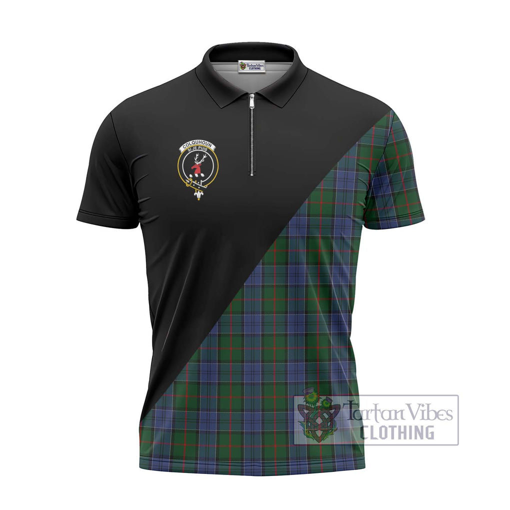 Colquhoun Tartan Zipper Polo Shirt with Family Crest and Military Logo Style - Tartanvibesclothing Shop