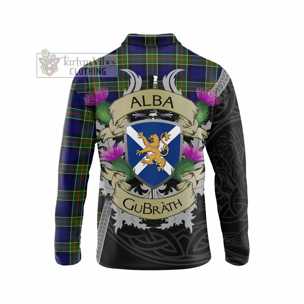 Tartan Vibes Clothing Colquhoun Tartan Family Crest Long Sleeve Polo Shirt Lion Rampant Royal Thistle Shield Celtic Inspired