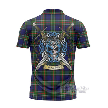 Colquhoun Tartan Zipper Polo Shirt with Family Crest Celtic Skull Style