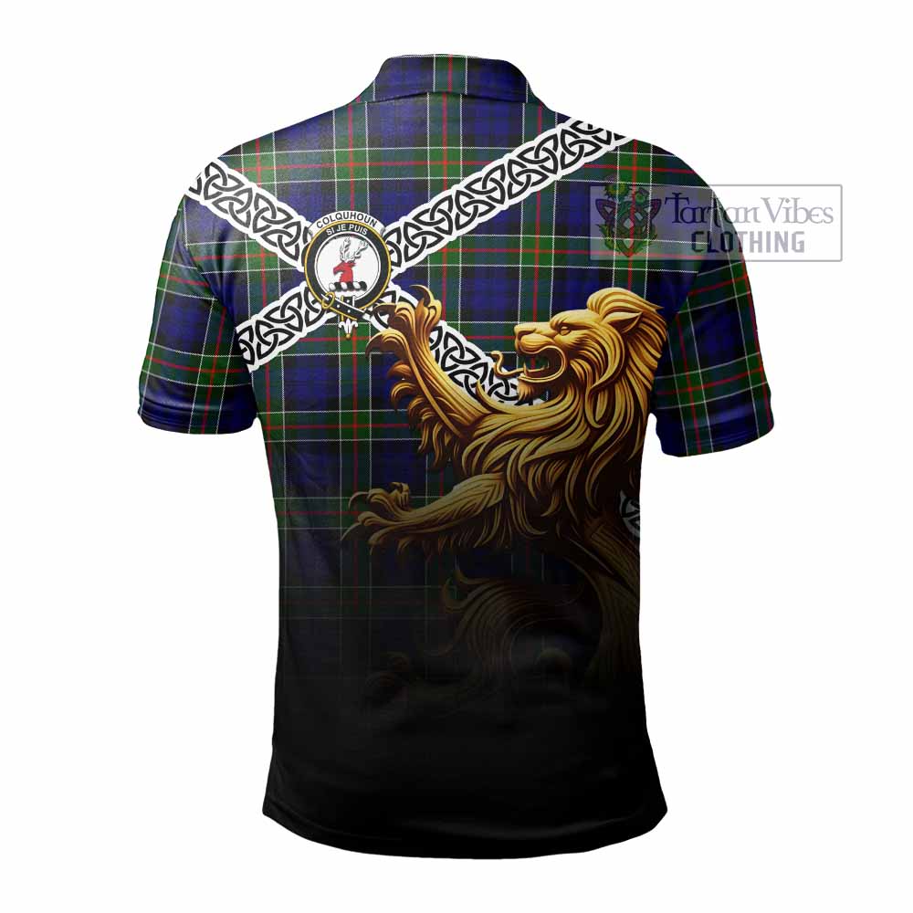 Tartan Vibes Clothing Colquhoun Crest Tartan Polo Shirt with Golden Lion Emblem Celtic Style